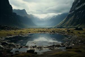 AI generated mountain landscape, view in the caldera of an extinct volcano with lake among basalt rocks photo