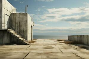 AI generated minimalistic landscape with concrete structures on the seashore photo