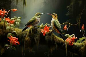 AI generated hummingbirds in the rainforest, realistic painting in vintage style photo