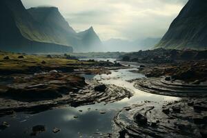 AI generated mountain landscape, view in the caldera of an extinct volcano with basalt rocks photo