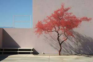 ai generado minimalista paisaje de un moderno terraza con un rosado floreciente árbol foto