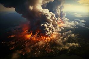 ai generado aéreo ver de un masivo volcánico erupción foto