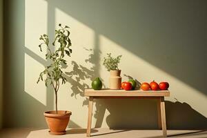 AI generated fruits on a table and tree in a pot in a room with green walls, minimalistic interior background photo