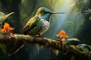 AI generated hummingbird in the rainforest, realistic painting in vintage style photo