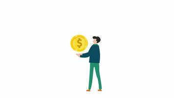 2d animation gold coins dripping to young man as businessman. economic, business, financial concepts. with alpha channel transperancy background. video