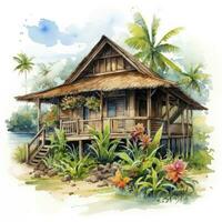 AI generated A watercolored bright serene image of a traditional bahay kubo. AI Generated photo