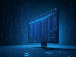 AI generated Blue digital binary data on computer screen background. binary code background . abstract blue background photo