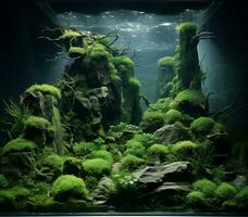 AI generated aquascape in natural style, aquarium with stones and underwater vegetation photo