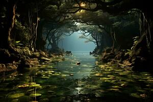 AI generated landscape with dark tropical forest and swampy river photo