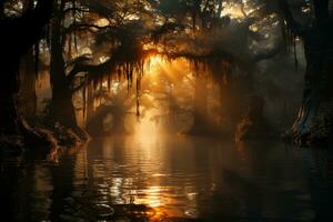 AI generated dawn landscape with river in swampy rainforest, bayou, flooded forest photo