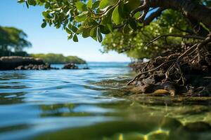 AI generated mangrove trees on the seashore, close-up photo