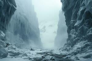 AI generated severe winter landscape, icy canyon with frozen river photo