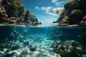 AI generated underwater view near the coast of a tropical volcanic island with water surface and coastal cliffs background photo