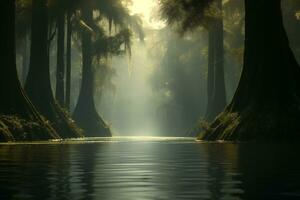 AI generated tropical landscape with river in swampy rainforest, bayou, flooded forest photo