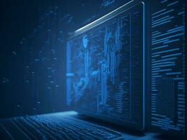 AI generated Blue digital binary data on computer screen background. binary code background . abstract blue background photo