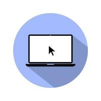 Laptop with pointer cursor icon on blue circle background. Notebook display with clicking mouse. Vector illustration