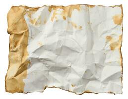 Crumpled white sheet of drenched coffee, white isolated background photo