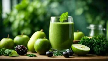 AI generated one glass jar mug of green healthy smoothie for good health photo
