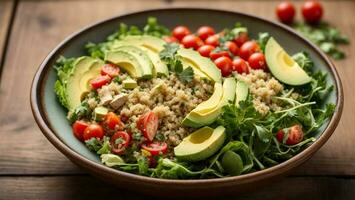 AI generated Healthy salad bowl with quinoa, tomatoes and avocado photo