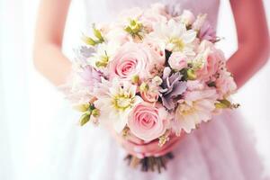 AI generated Beautiful wedding bouquet in hands of bride, close-up photo