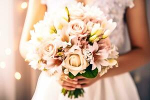 AI generated Beautiful wedding bouquet in hands of bride, close-up photo