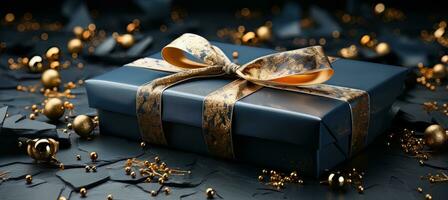 AI generated A Christmas box with gold ribbons Generative AI. photo