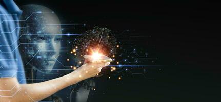 Ai tech, businessman show virtual graphic Global Internet connect  with AI, Artificial Intelligence. using command prompt for generates something, Futuristic technology transformation photo