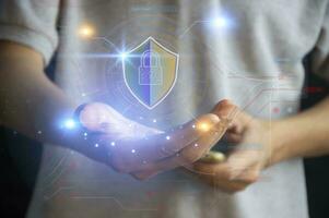 cybersecurity concept, user privacy security and encryption, secure internet access Future technology and cybernetics, screen padlock. photo