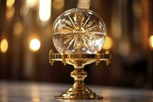 AI generated The golden monstrance with a little transparent crystal center, consecrated host. church defocused background. AI Generative photo