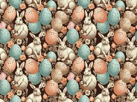 AI generated Seamless Easter pattern with colorful eggs, bunnies and flowers. photo