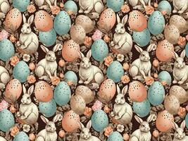 AI generated Seamless Easter pattern with colorful eggs, bunnies and flowers. photo