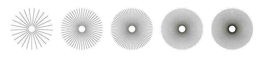 Radial circle lines. Circular lines elements. Symbol of sun star rays. Flat design elements. Set of abstract illusion geometric shapes. Spokes with radiating stripes. Vector graphic illustration. Eps.