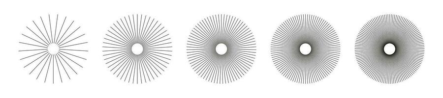 Radial circle lines. Circular lines elements. Symbol of sun star rays. Flat design elements. Set of abstract illusion geometric shapes. Spokes with radiating stripes. Vector graphic illustration. Eps.