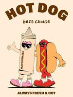 Vertical poster with cute hot dog characters with mayonnaise in retro cartoon style. Vector illustration of a fast food mascot with arms, legs and a cheerful face.