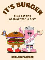 Vertical poster with cute soda burger characters in retro cartoon style. Vector illustration of a fast food mascot with arms, legs and a cheerful face.