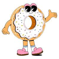 Cute donut character in retro cartoon style. Vector illustration of a sweets mascot with arms, legs and a cheerful face on a white isolated background.