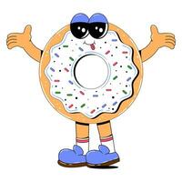 Cute donut character in retro cartoon style. Vector illustration of a sweets mascot with arms, legs and a cheerful face on a white isolated background.