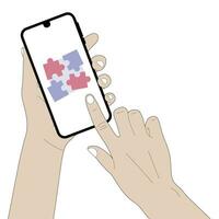 Hand moves the puzzle pieces on the phone. vector