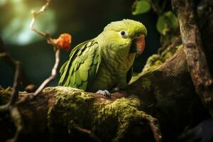 AI generated A green parrot on a branch. AI Generated photo