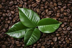 AI generated Green leaves with coffee beans as background. AI Generated photo