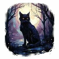 ai generado negro gato en de luna bosque. acuarela para camiseta diseño. ai generado foto