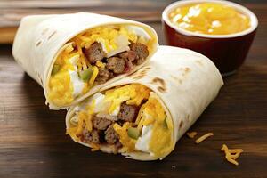 AI generated Breakfast burrito with sausage, eggs, hashbrown and cheese. AI Generated photo