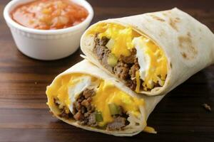 AI generated Breakfast burrito with sausage, eggs, hashbrown and cheese. AI Generated photo