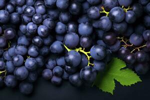 AI generated Flat lay background of vines, lots of organic blue dark grapes. AI Generated photo