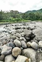 rocks and boulders are piled up on the side of a river photo