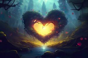 AI generated Colorful fantasy heart, light beam, green forest field. Generative AI photo