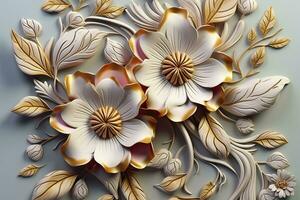 AI generated Elegant colorful 3d flowers with leaves on a tree illustration background. Generative AI photo