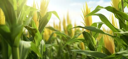 AI generated Closeup corn cobs in corn plantation field. Generative AI photo