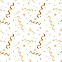 Celebrating holiday seamless pattern with confetti on white background. Hand drawn golden stars. Trendy print design for textile, wallpaper, interior decoration vector