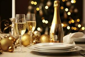 AI generated Christmas table setting with holiday decorations in gold color. AI Generated photo